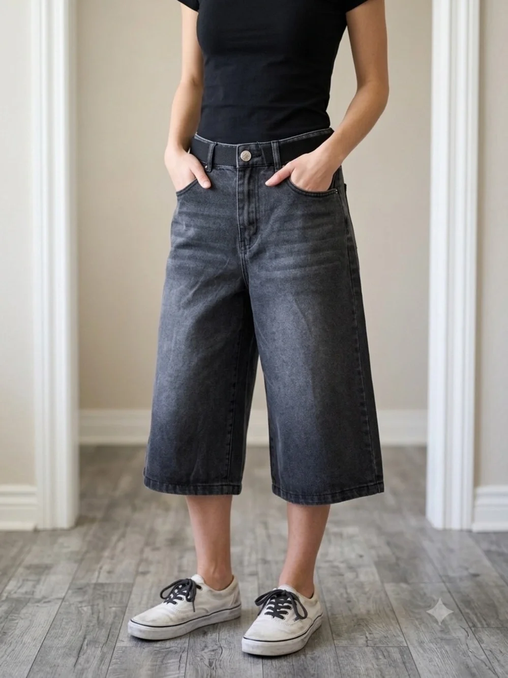 Refuge High Waisted Wide Leg Denim Jorts Faded Black Skater Baggy Shorts S/P Y2K